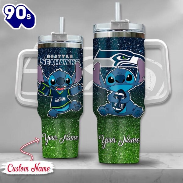 NFL Seattle Seahawks Stitch Glitter Custom Stanley Quencher 40oz Stainless Steel Tumbler With Handle