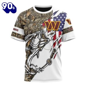 NFL Washington Commanders Custom Name Number Fishing With Flag Of USA T-Shirt