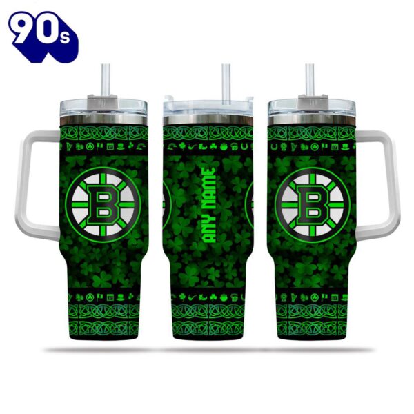 NHL Boston Bruins Happy St. Patrick’s Day Custom Stanley Quencher 40oz Stainless Steel Tumbler With Handle  – NHL Tumbler 40oz