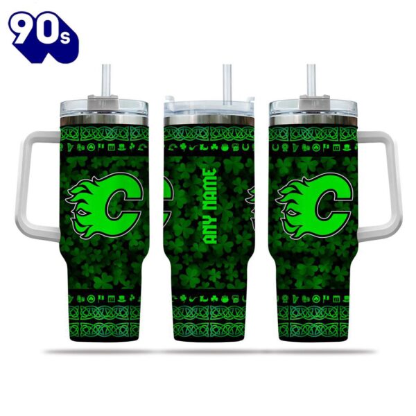 NHL Calgary Flames Happy St. Patrick’s Day Custom Stanley Quencher 40oz Stainless Steel Tumbler With Handle  – NHL Tumbler 40oz