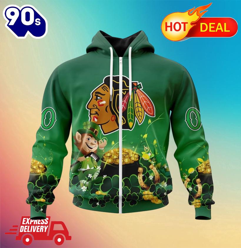 NHL Chicago Blackhawks Special Design For St. Patrick's Day Zipper Hoodie NHL Chicago Blackhawks Special Design For St. Patrick's Day Zipper Hoodie