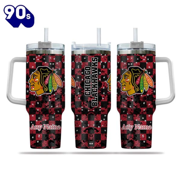 NHL Chicago Blackhawks Stained Glass Effect Custom Stanley Quencher 40oz Stainless Steel Tumbler With Handle  – NHL Tumbler 40oz