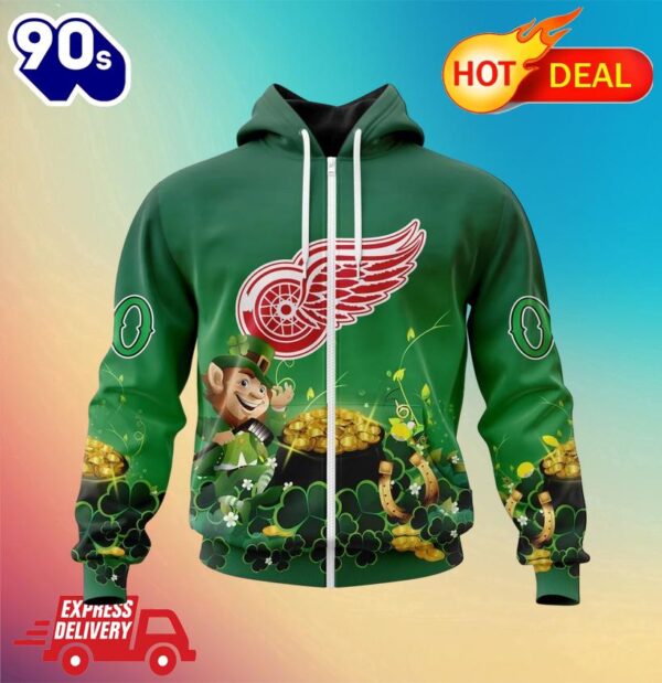 NHL Detroit Red Wings Special Design For St. Patrick’s Day Zipper Hoodie