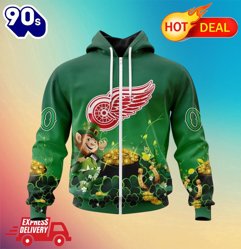 NHL Detroit Red Wings Special Design For St. Patrick's Day Zipper Hoodie NHL Detroit Red Wings Special Design For St. Patrick's Day Zipper Hoodie