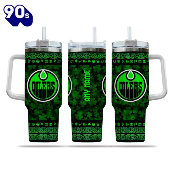 NHL Edmonton Oilers Happy St. Patrick’s Day Custom Stanley Quencher 40oz Stainless Steel Tumbler With Handle  – NHL Tumbler 40oz