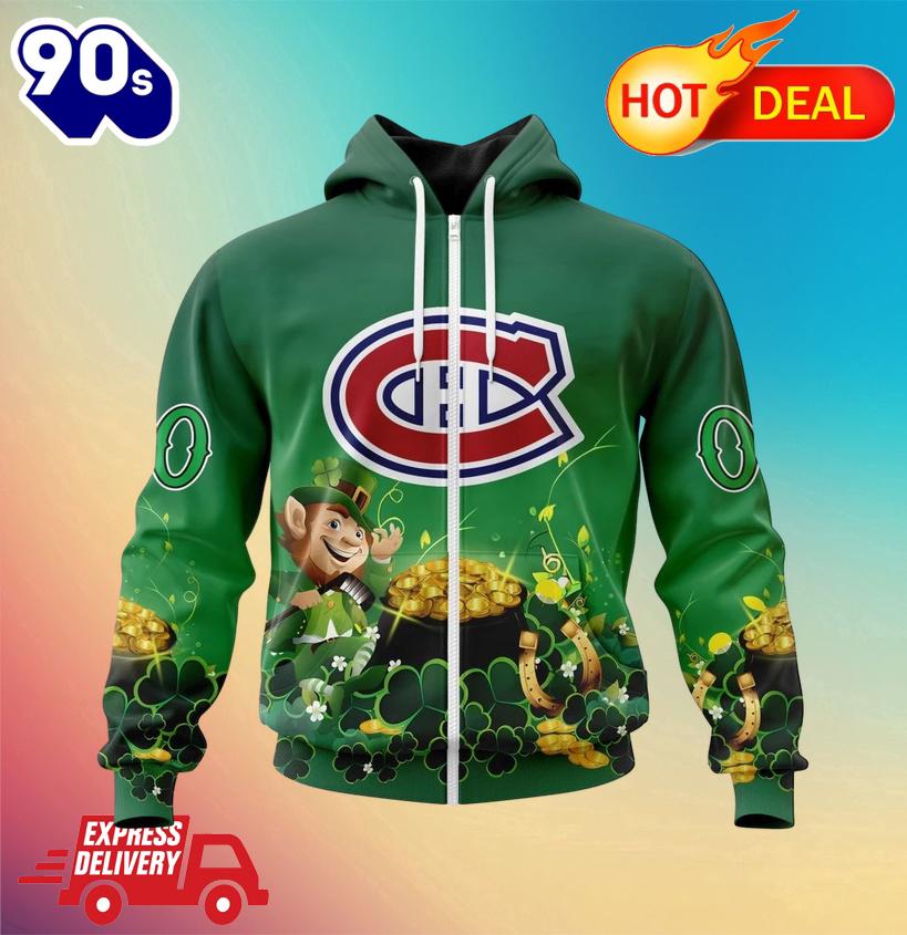NHL Montreal Canadiens Special Design For St. Patrick's Day Zipper Hoodie NHL Montreal Canadiens Special Design For St. Patrick's Day Zipper Hoodie