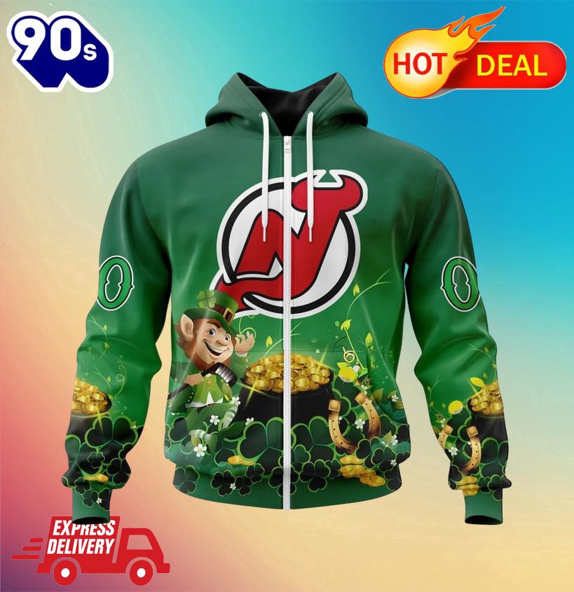 NHL New Jersey Devils Special Design For St. Patrick's Day Zipper Hoodie NHL New Jersey Devils Special Design For St. Patrick's Day Zipper Hoodie