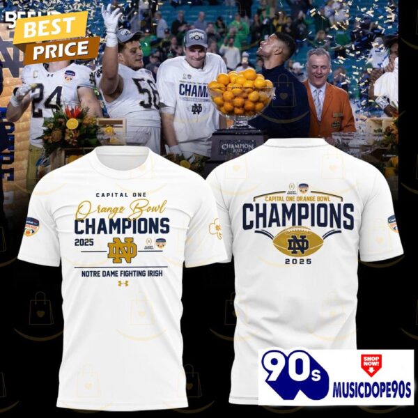 Notre Dame Fighting Irish Football 2025 Orange Bowl Champions 3D T-Shirt – White