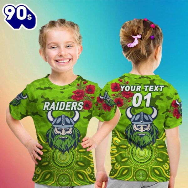 NRL Canberra Raiders Custom Name Number ANZAC Day Indigenous Kids T-shirt