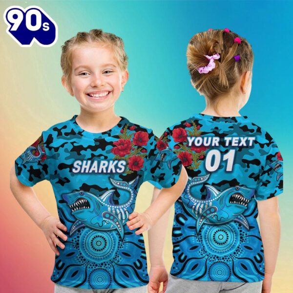 NRL Cronulla-Sutherland Sharks Custom Name Number ANZAC Day Camo Kids T-shirt