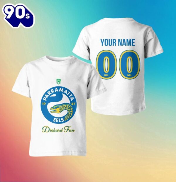 NRL Parramatta Eels Custom Name Number Diehard Fan Kids T-shirt