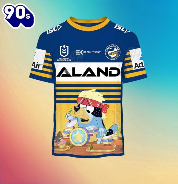 NRL Parramatta Eels Custom Name Number x Bluey Jersey Kids T-shirt