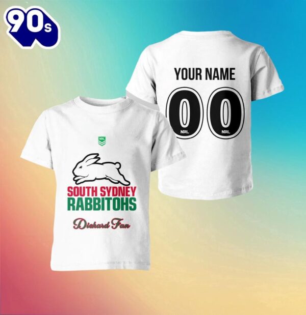 NRL South Sydney Rabbitohs Custom Name Number Diehard Fan Kids T-shirt