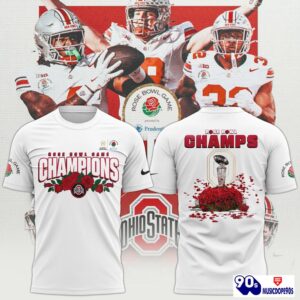 Ohio State Buckeyes College Football Playoff 2025 Rose Bowl Champions White T-Shirt, Cap