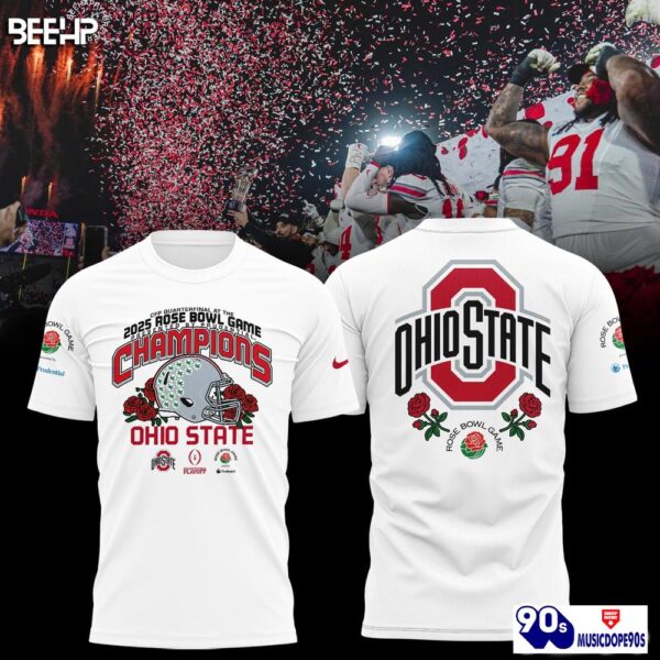 Ohio State Buckeyes College Football Playoff 2025 Rose Bowl Champions White T-Shirt, Long Pants, Cap