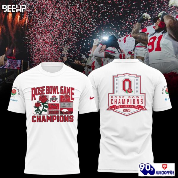 Ohio State Buckeyes College Football Playoff 2025 Rose Bowl Champions White TShirt, Long Pants, Cap