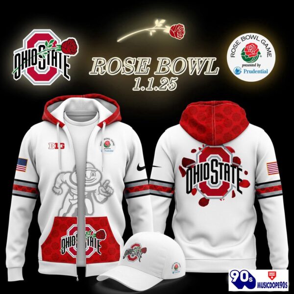 Ohio State Buckeyes Rose Bowl Game 2025 White Zip Hoodie, Long Pants, Cap