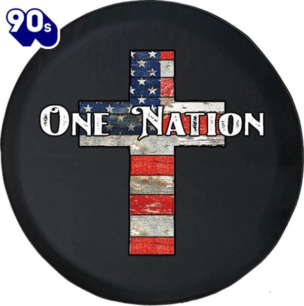 One Nation American Flag Wooden Cross Tire Cover – Bible Verse Tire Cover Car Decor