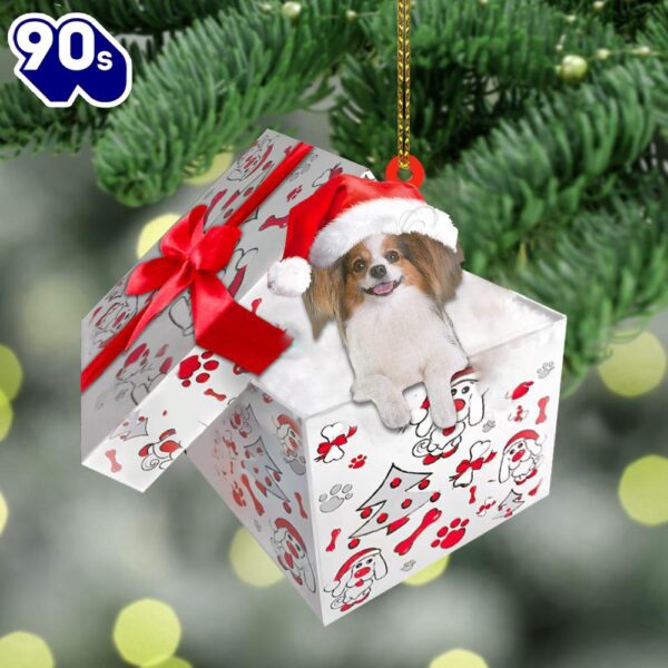 Papillon In Gift Box Christmas Ornament, Gift For Christmas