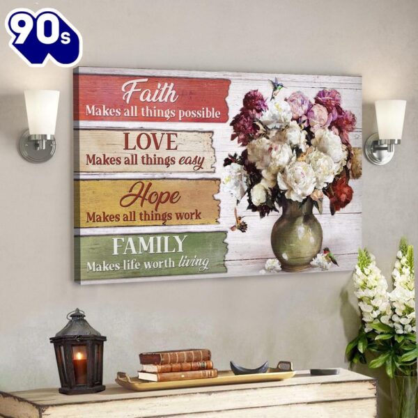 Peonies In Green Vintage Vase Faith Hope Love Family Canvas Wall Art Bible Verse Canvas  Gift Christmas