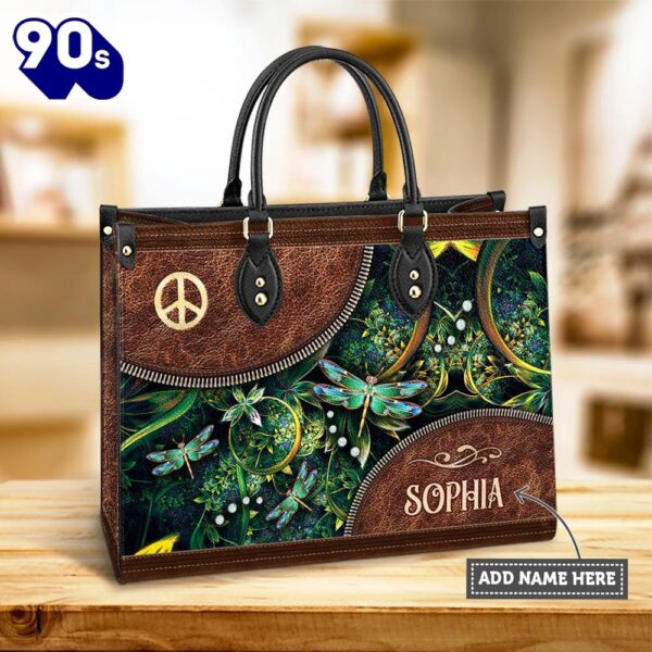 Personalized Hippie Dragonfly Peace Sign Leather Bag , Christian Bags  Gift For Women Christmas