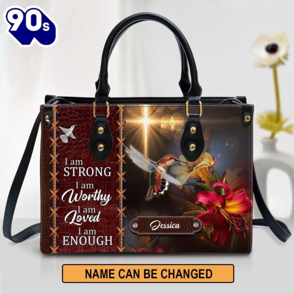 Personalized Hummingbird I Am Strong Leather Bag , Christian Bags  Gift For Women Christmas