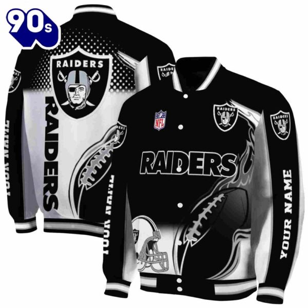 Personalized Las Vegas Raiders Flaming Football Black White Jacket