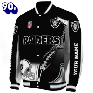 Personalized Las Vegas Raiders Flaming Football Black White Jacket