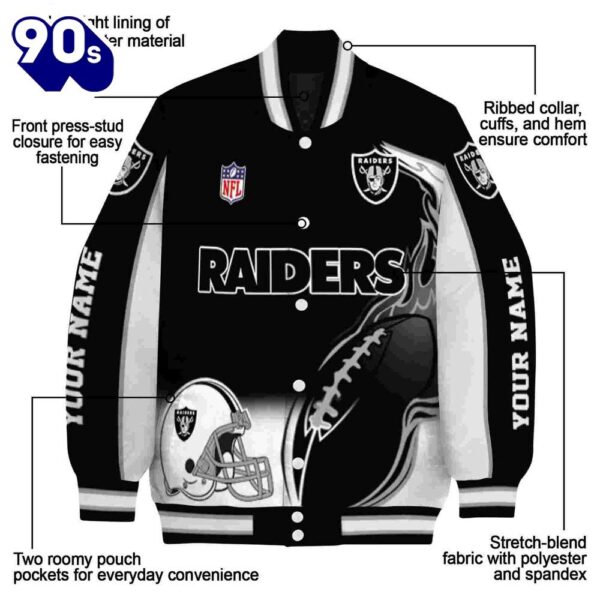 Personalized Las Vegas Raiders Flaming Football Black White Jacket