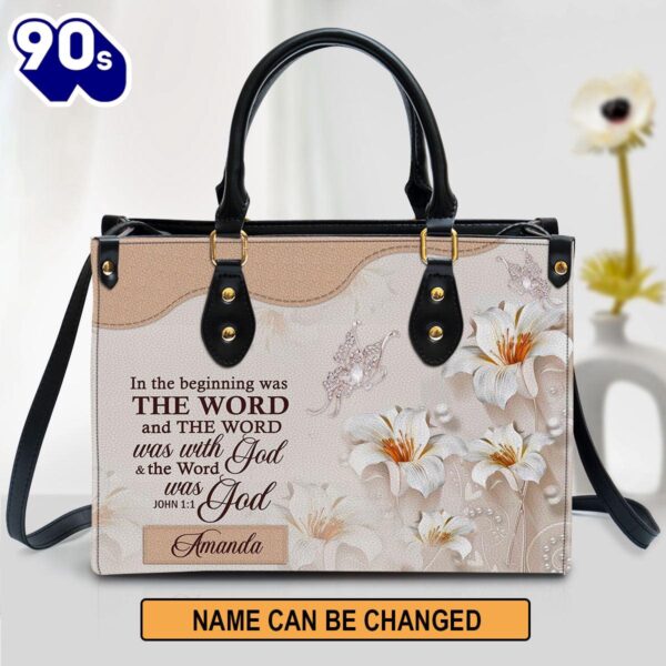 Personalized Lily Leather Bag In The Beginning Was The Word , Christian Bags  Gift For Women Christmas