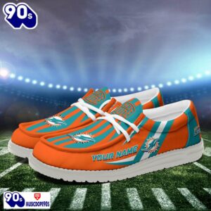 Personalized Miami Dolphins NFL Team White Canvas Loafer Shoes