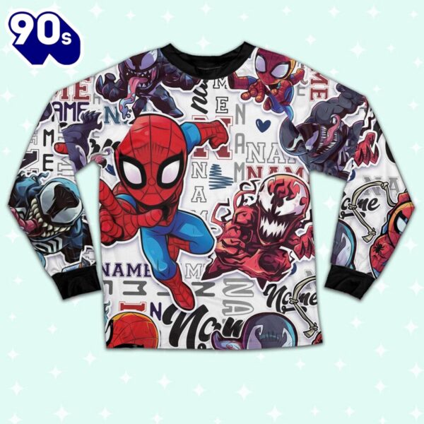 Personalized Name Spidey Man Friends Vs Venom Comic Pajamas – Movie Cartoon Holiday Pajamas