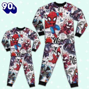 Personalized Name Spidey Man Friends Vs Venom Comic Pajamas - Movie Cartoon Holiday Pajamas