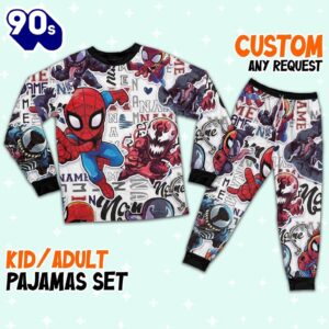 Personalized Name Spidey Man Friends Vs Venom Comic Pajamas - Movie Cartoon Holiday Pajamas