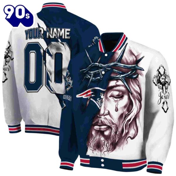 Personalized New England Patriots Jesus Tears Blue White Jacket