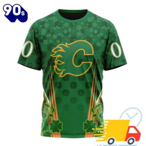 Personalized NHL Calgary Flames Full Green Design For St. Patrick's Day All Over Print Shirts