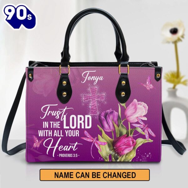 Personalized Purple Leather Handbag Trust In The Lord With All Your Heart Proverbs 35 Tulip And Cross, Christian Bags  Gift For Women Christmas