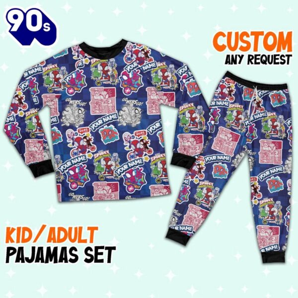 Personalized Spidey and His Amazing Friends Spidey Comic Sticker Cute Birthday Pajamas – Movie Cartoon Holiday Pajamas