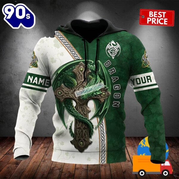 Personalized St Patrick Celtic Cross And Dragon Green 3D Art Hoodie 2025