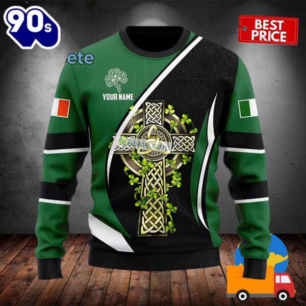 Personalized St Patrick Celtic Cross And Shamrock Green Funny Ugly Xmas Sweaters 2025