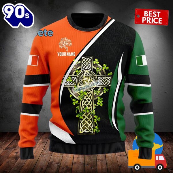 Personalized St Patrick Celtic Cross And Shamrock Orange Ugly Sweater 2025