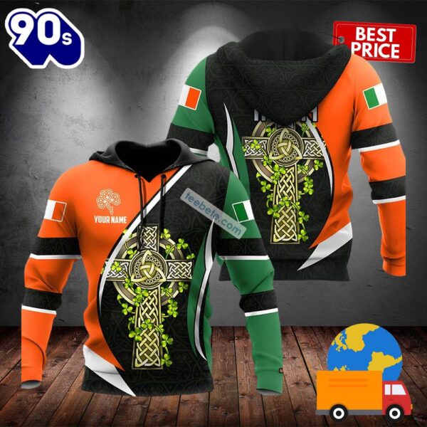Personalized St Patrick Day And Celtic Cross Green 3D Art Hoodie 2025