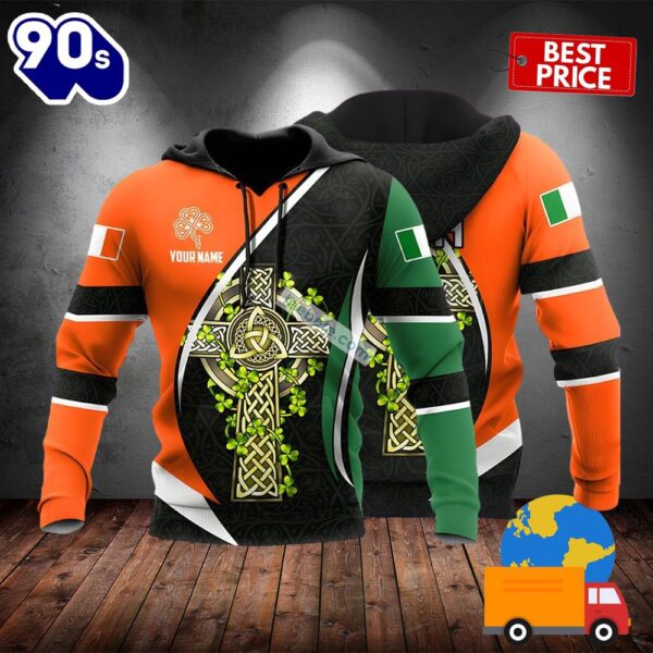 Personalized St Patrick Day And Celtic Cross Green 3D Art Hoodie 2025