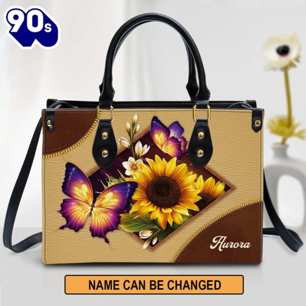 Personalized Sunflower And Butterfly Leather Handbag , Christian Bags  Gift For Women Christmas