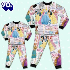 Personalized Watercolor Disney Princess Cute Pajamas - Movie Cartoon Holiday Pajamas