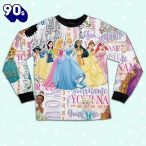 Personalized Watercolor Disney Princess Cute Pajamas - Movie Cartoon Holiday Pajamas