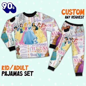 Personalized Watercolor Disney Princess Cute Pajamas - Movie Cartoon Holiday Pajamas