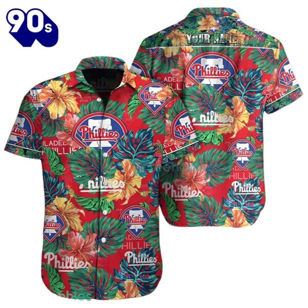 Philadelphia Phillies Hawaiian Button Up Shirts Custom Name With Floral Leaf Design
