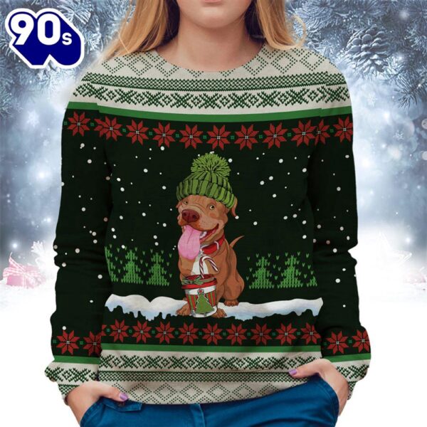 Pitbull With Snow And Christmas Ugly Sweater