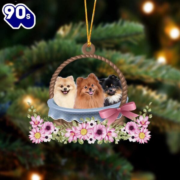 Pomeranian Dogs In The Basket Ornament, Gift For Christmas